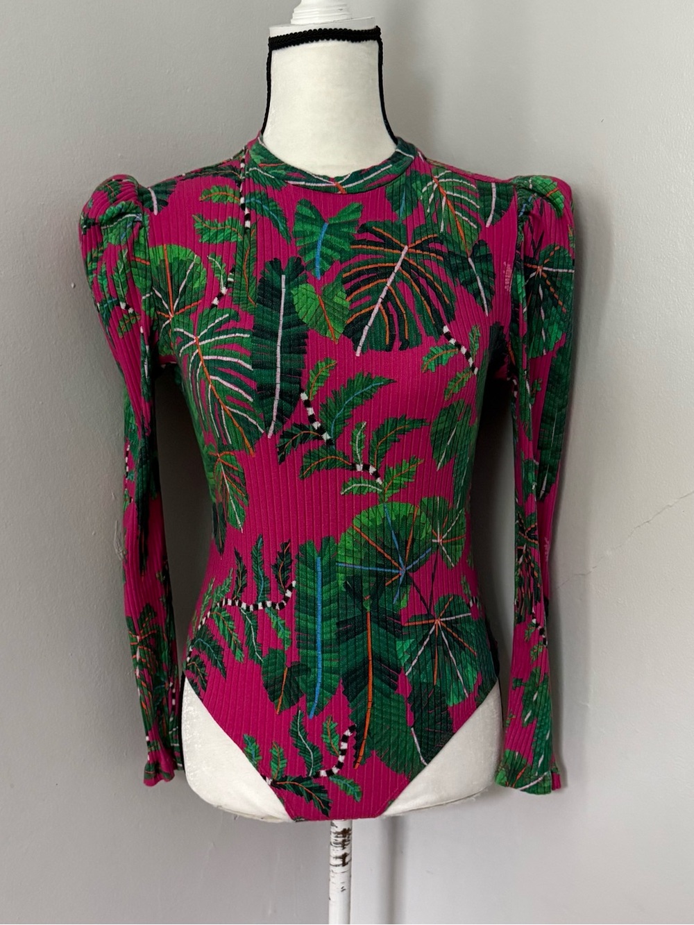 Pink Leaves Ribbed Long Sleeve Bodysuit by Farm Rio Medium - Picture 10 of 10